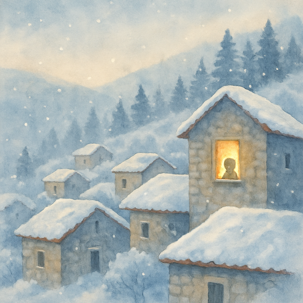 A soft watercolor illustration of a small Lebanese mountain village blanketed in fresh snow at dawn. Stone houses with red clay tile roofs are dusted white, and a single window glows warm yellow from 