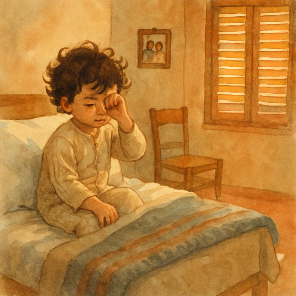 A young child with dark wavy hair sitting up in bed, rubbing one eye sleepily. They are wearing soft cotton pajamas. The bedroom is small and cozy — a wool blanket folded at the foot of the bed, a woo