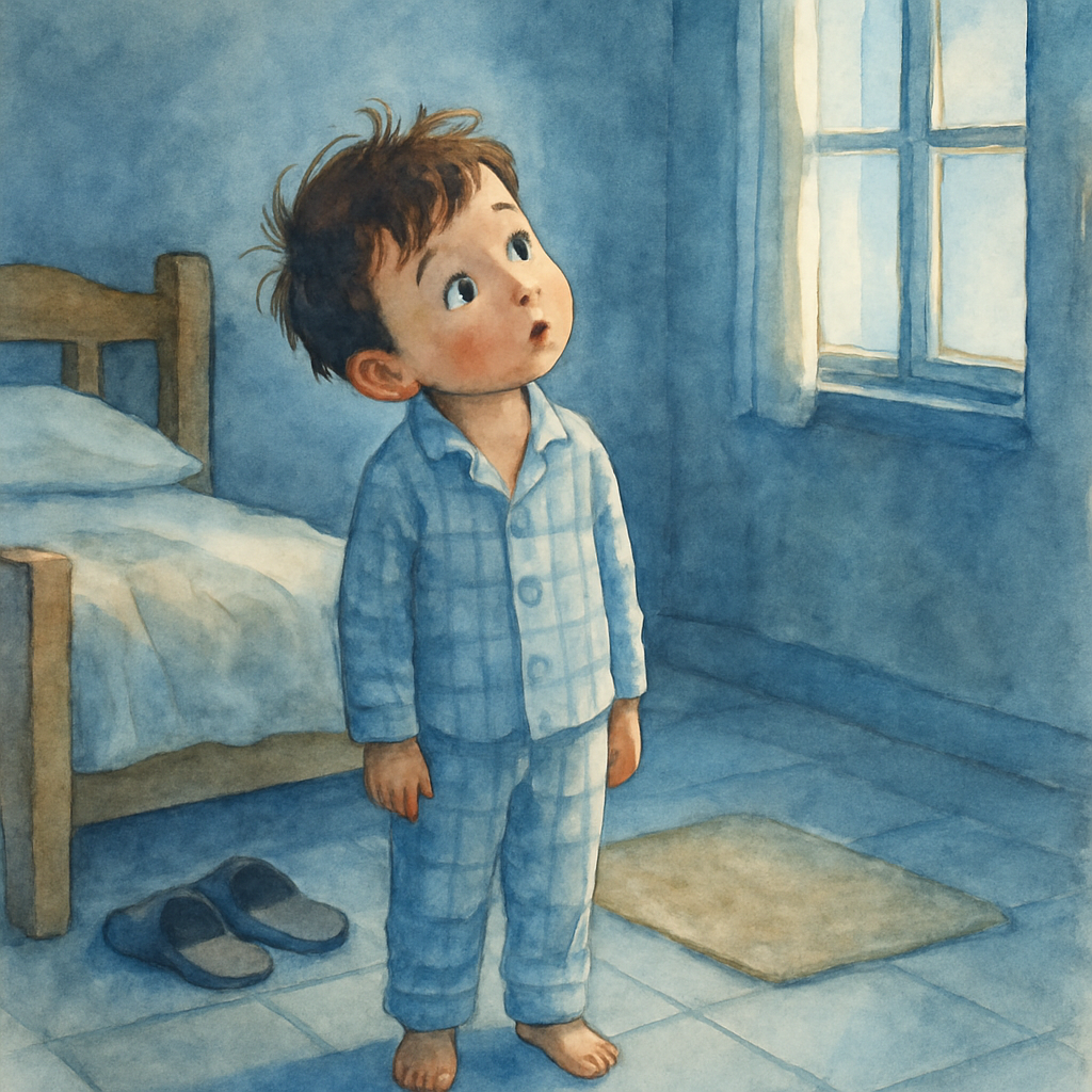 The same child standing in their pajamas on a tiled floor, head tilted, listening. The whole room feels unusually still and quiet. A pair of slippers by the bed, a small rug, and a closed window with 