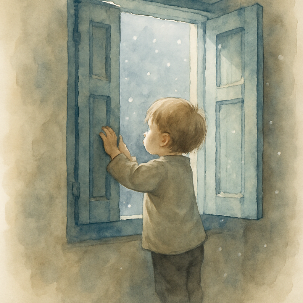 The child standing on tiptoe, small hands pushing open a wooden shutter window. We see them from behind and slightly to the side. Cold pale light spills onto their face. The first snowflakes are just 