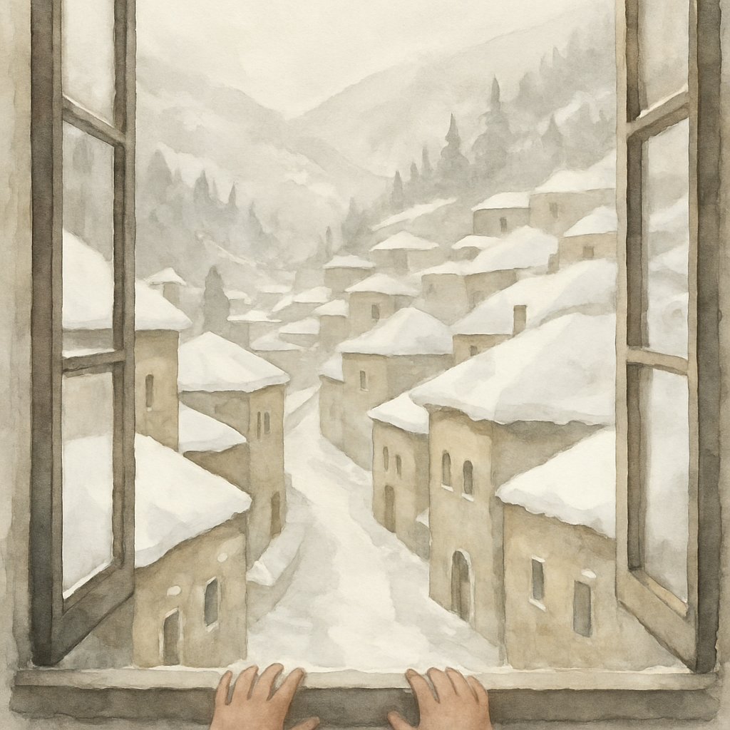 A wide view from the open window looking out over a Lebanese mountain village. Every roof is covered in thick white snow. The narrow stone street below is white. Distant pine trees on the mountainside
