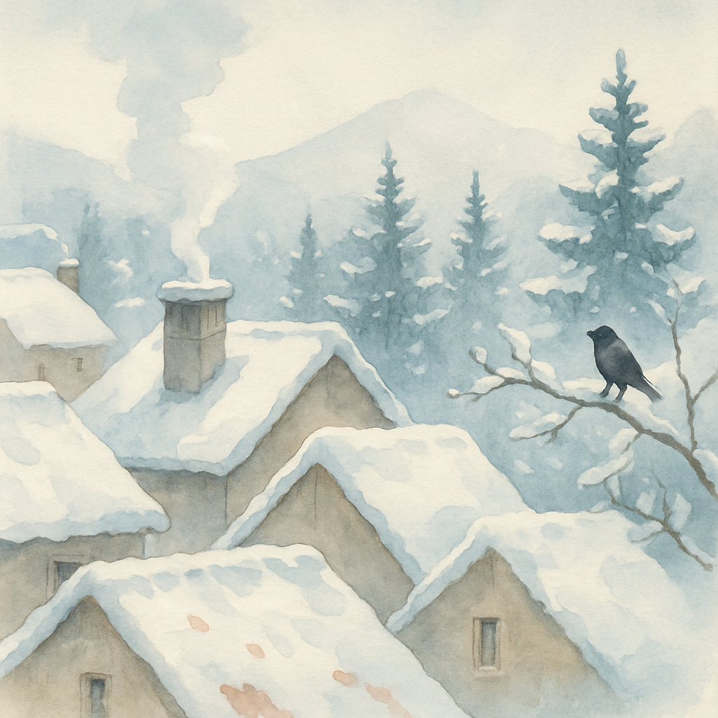 A closer view of the village rooftops and a row of pine trees, all coated in fresh snow. A single bird sits on a snowy branch. Smoke curls gently from one stone chimney. The red clay tiles peek out un
