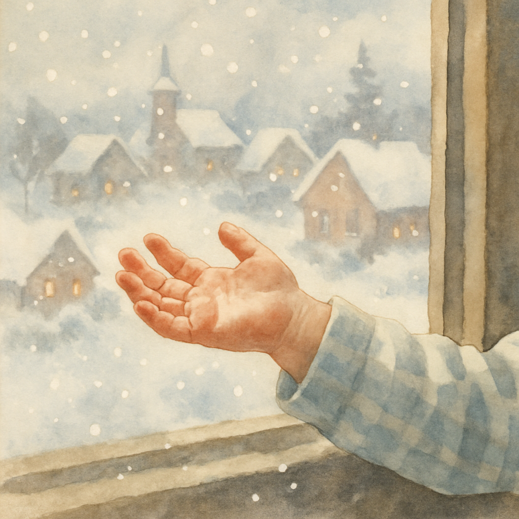Close-up of the child's small open hand reaching out through the open window into the falling snow. The palm is upturned, fingers gently spread. Snowflakes drift down toward the hand. The child's paja