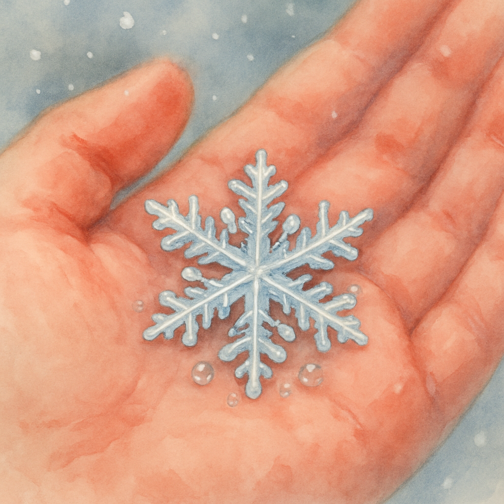 An extreme close-up of one perfect snowflake resting on the child's open palm. Tiny droplets of water are already beginning to form around it as it melts. The skin of the palm is warm pink against the