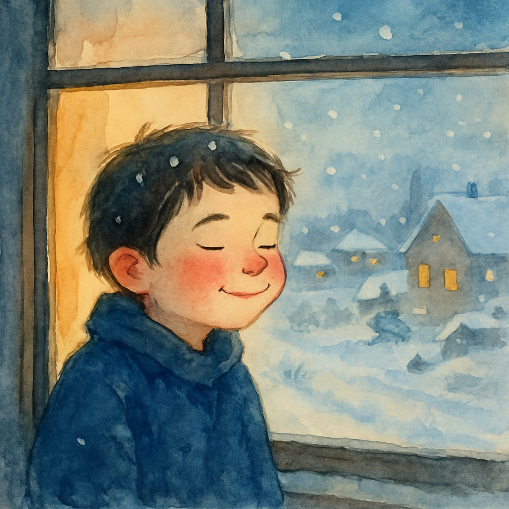 The child at the window, face lit with a soft, slow smile. Their cheeks are pink from the cold. A few snowflakes have landed on their dark hair. Behind them, inside the room, the warm yellow glow of h