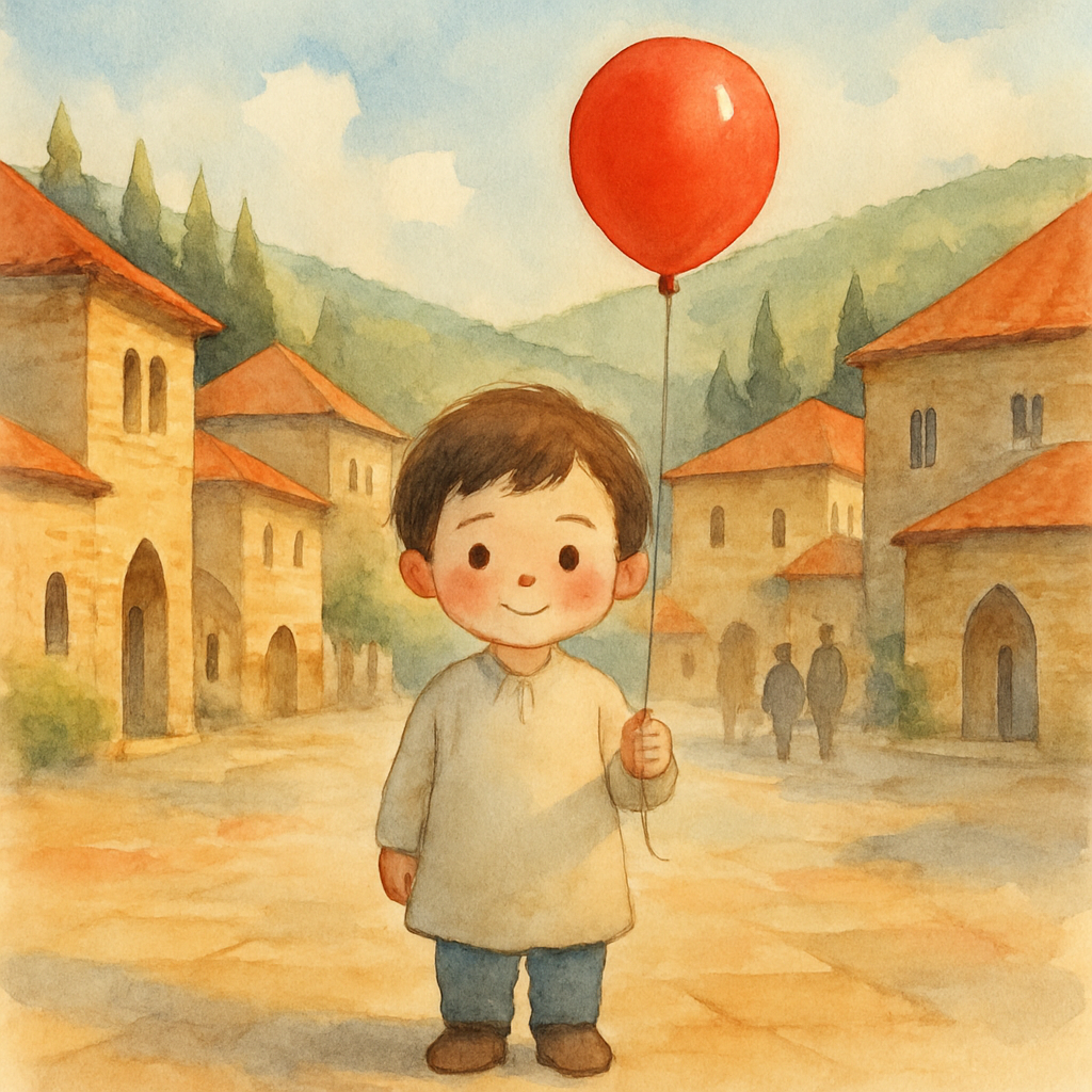 A soft watercolor illustration of a small child with rosy cheeks and short dark hair, standing in a village square in a Lebanese mountain town. The child holds the string of a bright red balloon that 