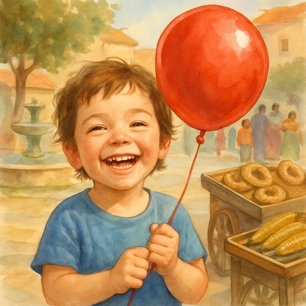 A close-up of the same child, beaming with joy, both hands gripping the string of a shiny red balloon. The child wears a simple blue cotton shirt. Behind them, a village square with a small fountain, 