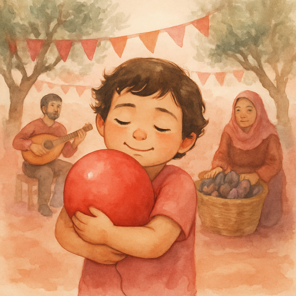 The child holds the red balloon close to their chest, hugging it gently with a soft smile. Their eyes are closed in a moment of pure happiness. Around them, a village fair — bunting strung between oli