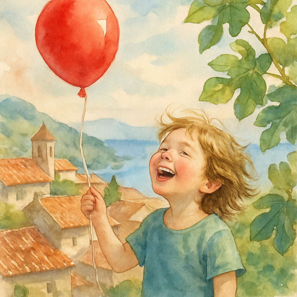 The red balloon bobs gently on its string above the child's hand. A soft breeze lifts the child's hair and rustles the leaves of a nearby fig tree. The child laughs, looking up at the balloon. Mountai
