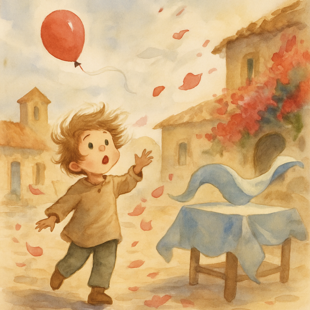 A sudden gust of wind sweeps through the village square. The child's hair flies sideways, a scarf on a nearby table lifts into the air, and the balloon's string slips from the child's fingers. The chi