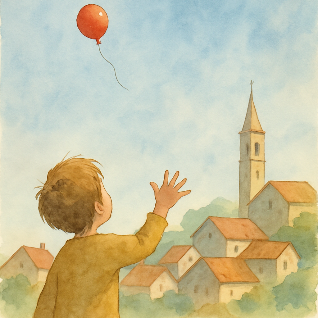 The red balloon rises up into a wide pale-blue sky above the village. Below, the child stands with their head tilted back, one hand reaching up but not grasping — just waving. The red balloon is small