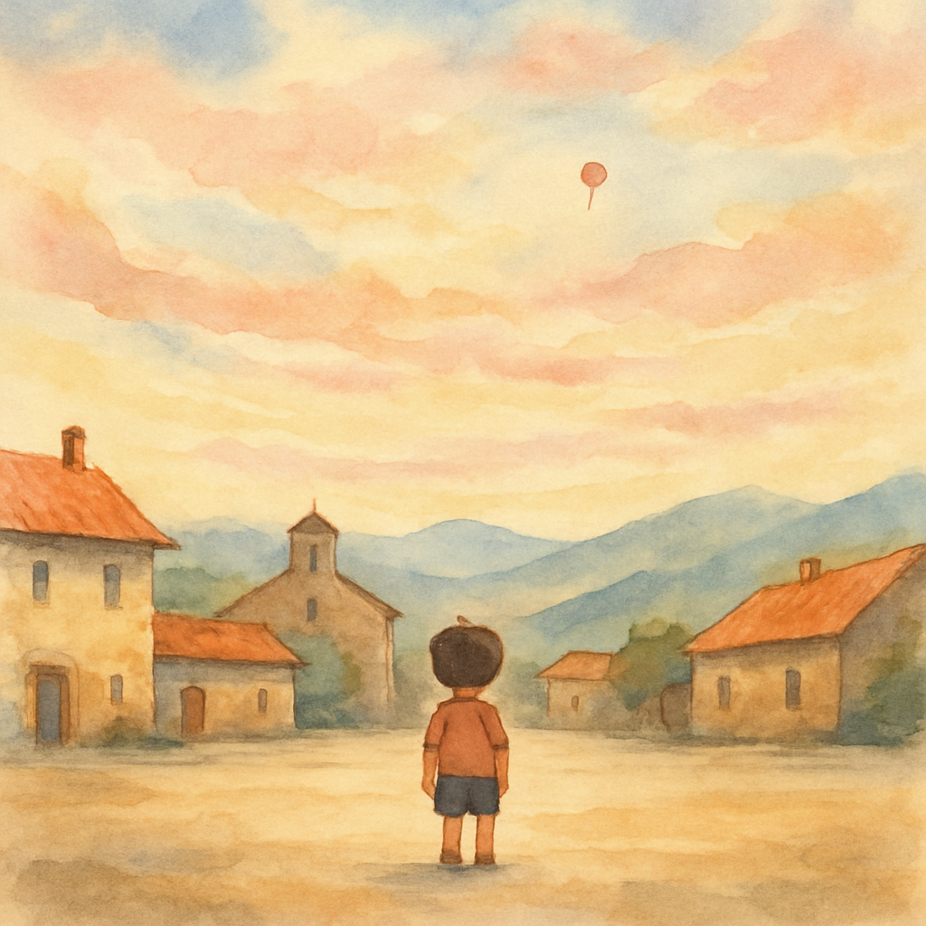 A wide view from behind the child, who looks very small standing in the village square. High above, the balloon is now just a tiny red speck against a vast watercolor sky streaked with soft pink and g