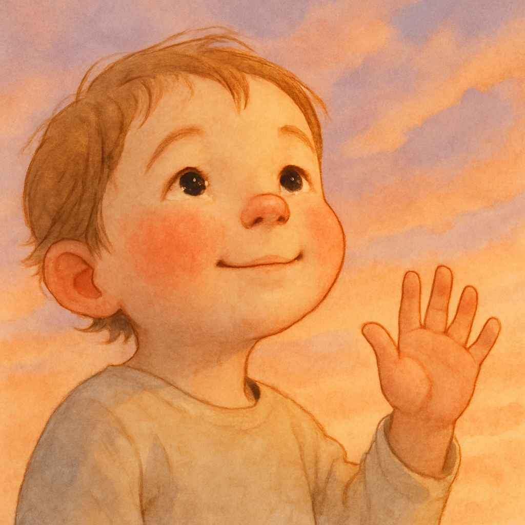 A close-up of the child's face, gazing upward with a soft, tender smile. Their cheeks are pink in the late afternoon light. One small hand is raised in a gentle wave goodbye. The sky above glows with 