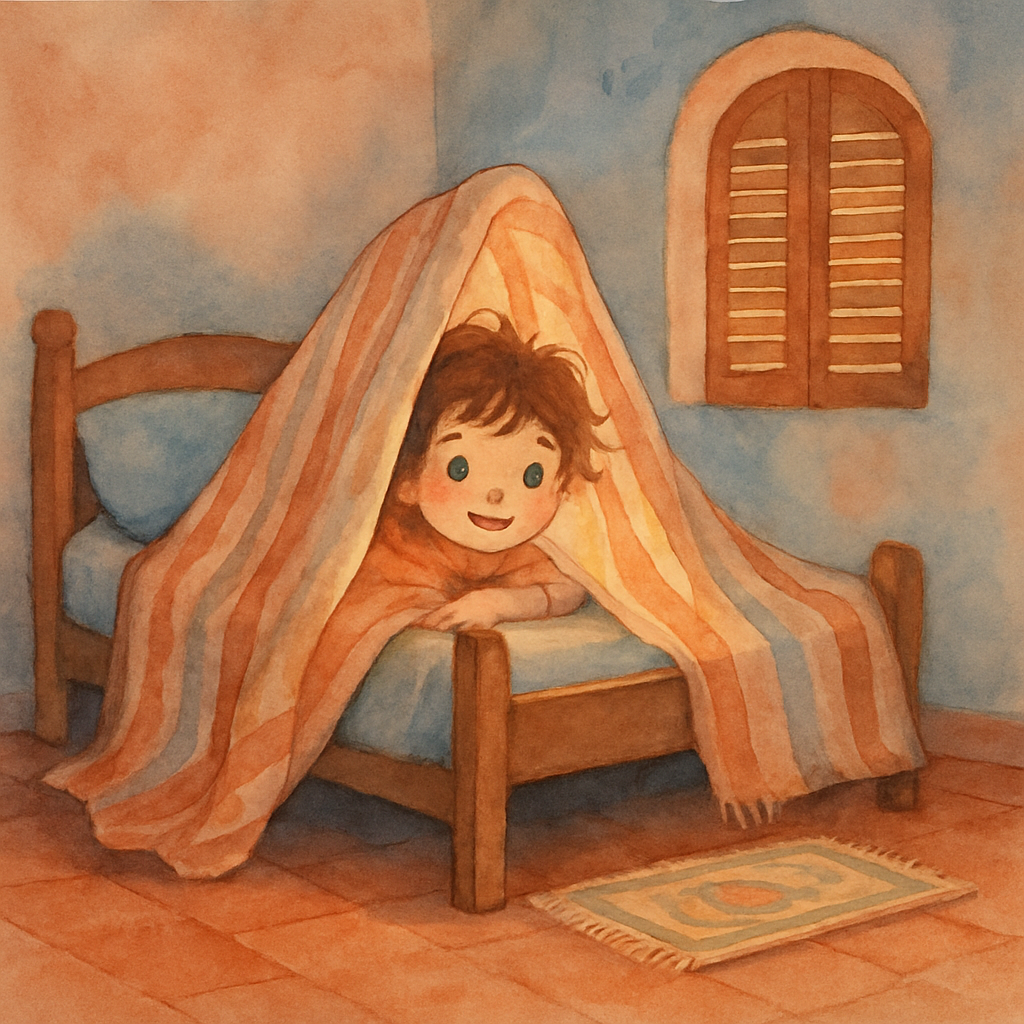 A soft watercolor illustration of a young child with wavy brown hair peeking out from under a cozy striped blanket draped like a tent over their bed. A warm yellow glow spills from inside the blanket-