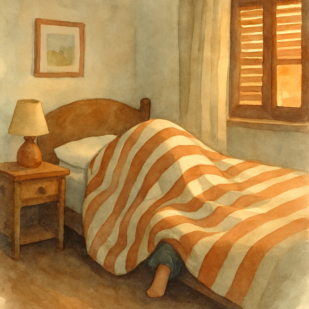 The same child climbing under a thick, soft blanket on their bed. One foot still showing, the rest of them disappearing into the folds. The blanket has a simple pattern — stripes in warm cream and rus