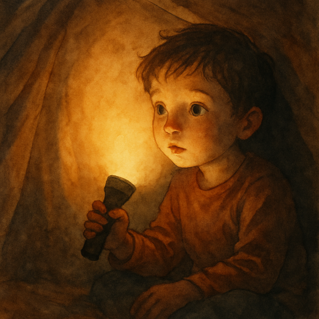 Inside the blanket fort now — a close, cozy space lit by a small flashlight the child holds in one hand. The light makes a soft circle of yellow on the blanket walls. The child's face is half-lit, eye