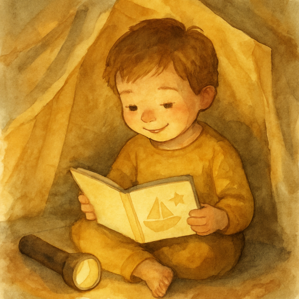 The child inside the fort, holding a small picture book open on their lap. The flashlight rests beside them, lighting the pages. The book's cover shows simple shapes — a boat, a star. The child's expr