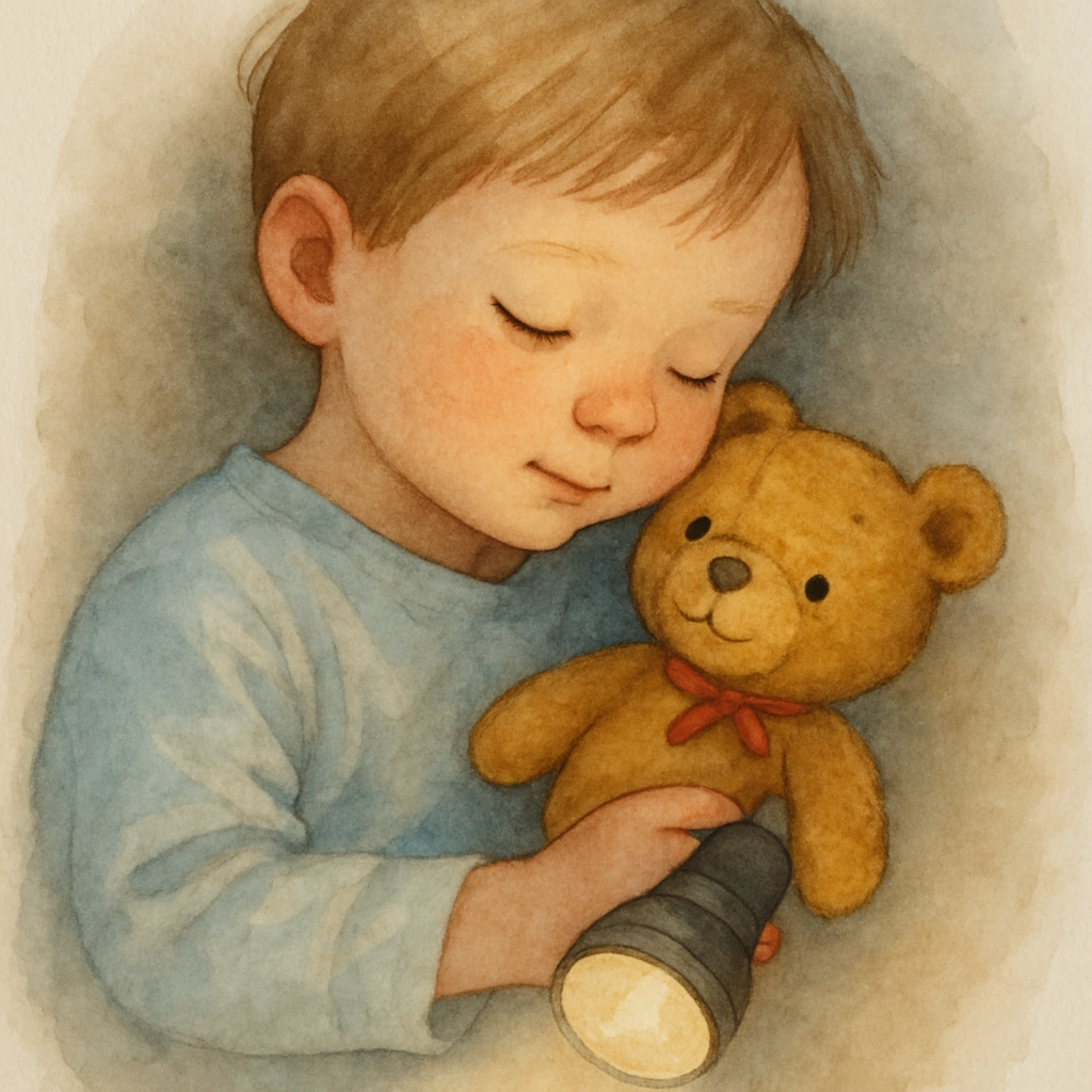 The child tucking a small, well-loved stuffed bear under one arm. The bear is honey-brown with a slightly crooked stitched smile and a tiny red ribbon at its neck. The flashlight glows nearby. The chi