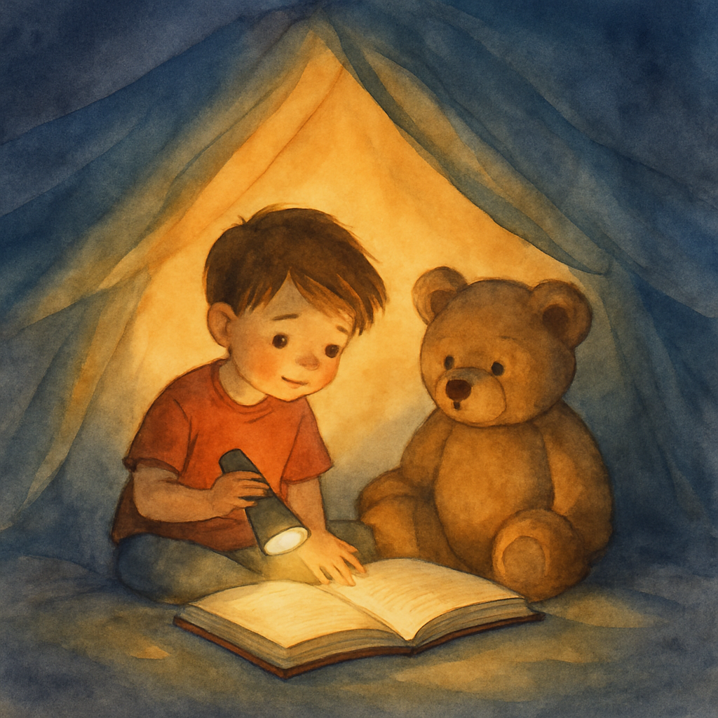 A wider view of the inside of the blanket fort — the child, the bear, the book, and the flashlight together in a glowing little dome of fabric. The blanket folds rise around them like soft hills. Ever