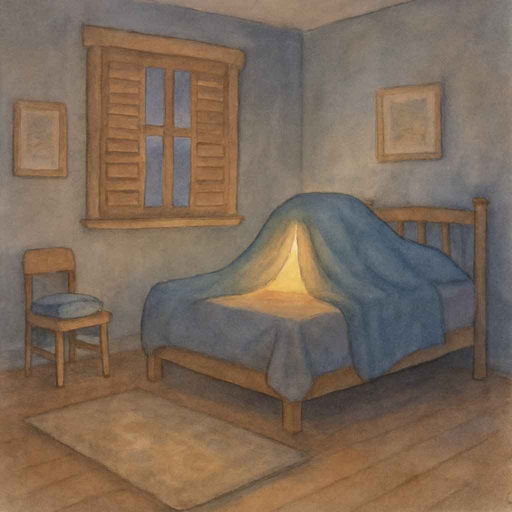 A view from outside the blanket fort, showing the child's whole bedroom in soft evening tones. The bed has a glowing lump in the middle — the fort — with a tiny seam of yellow light escaping. Wooden s
