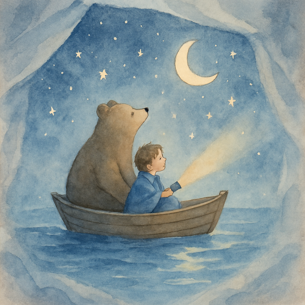 A dreamy watercolor showing the child and the bear floating in a small wooden boat on a gentle blue sea, stars and a crescent moon above them. The edges of the scene blur into the folds of a blanket, 