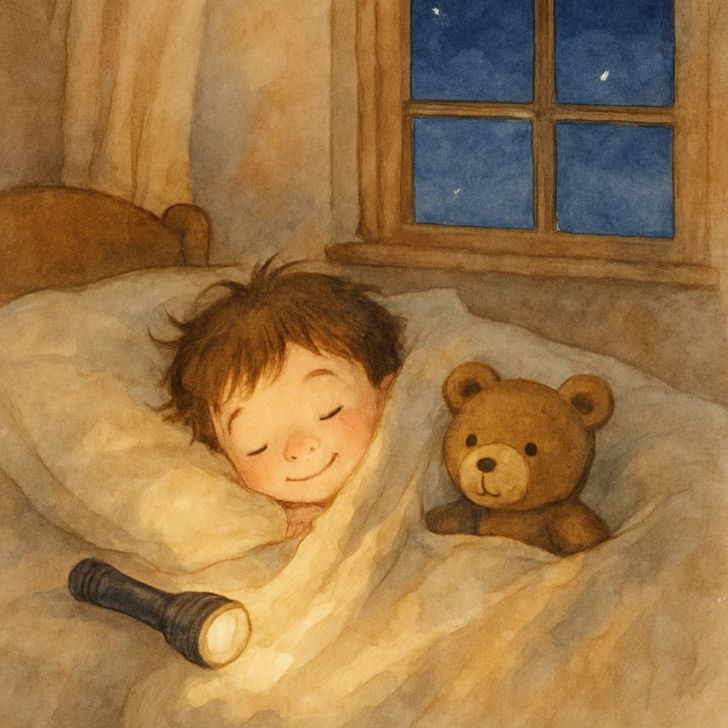 The child peeking out from under the blanket with a sleepy smile, the bear tucked beside them, the flashlight dimming. The bedroom window shows a deep blue sky with one or two stars. The whole scene f