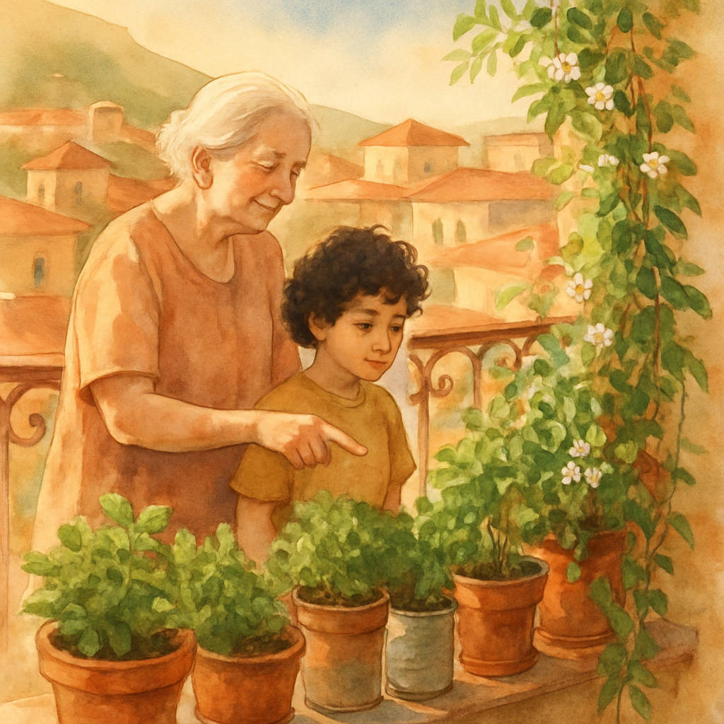 A small Levantine terrace garden on a sunlit balcony, full of clay pots and tin cans repurposed as planters. Mint, parsley, and a climbing jasmine vine spill over the railing. An older woman in a soft