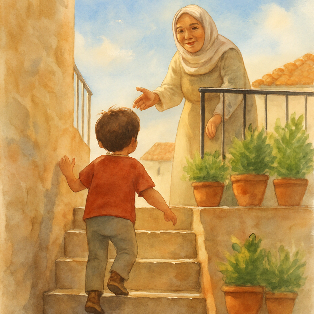A child climbing the last few steps of a narrow stone staircase onto a Levantine rooftop terrace. Teta waits at the top, smiling, one hand reaching out gently. The terrace is bright with pots of green