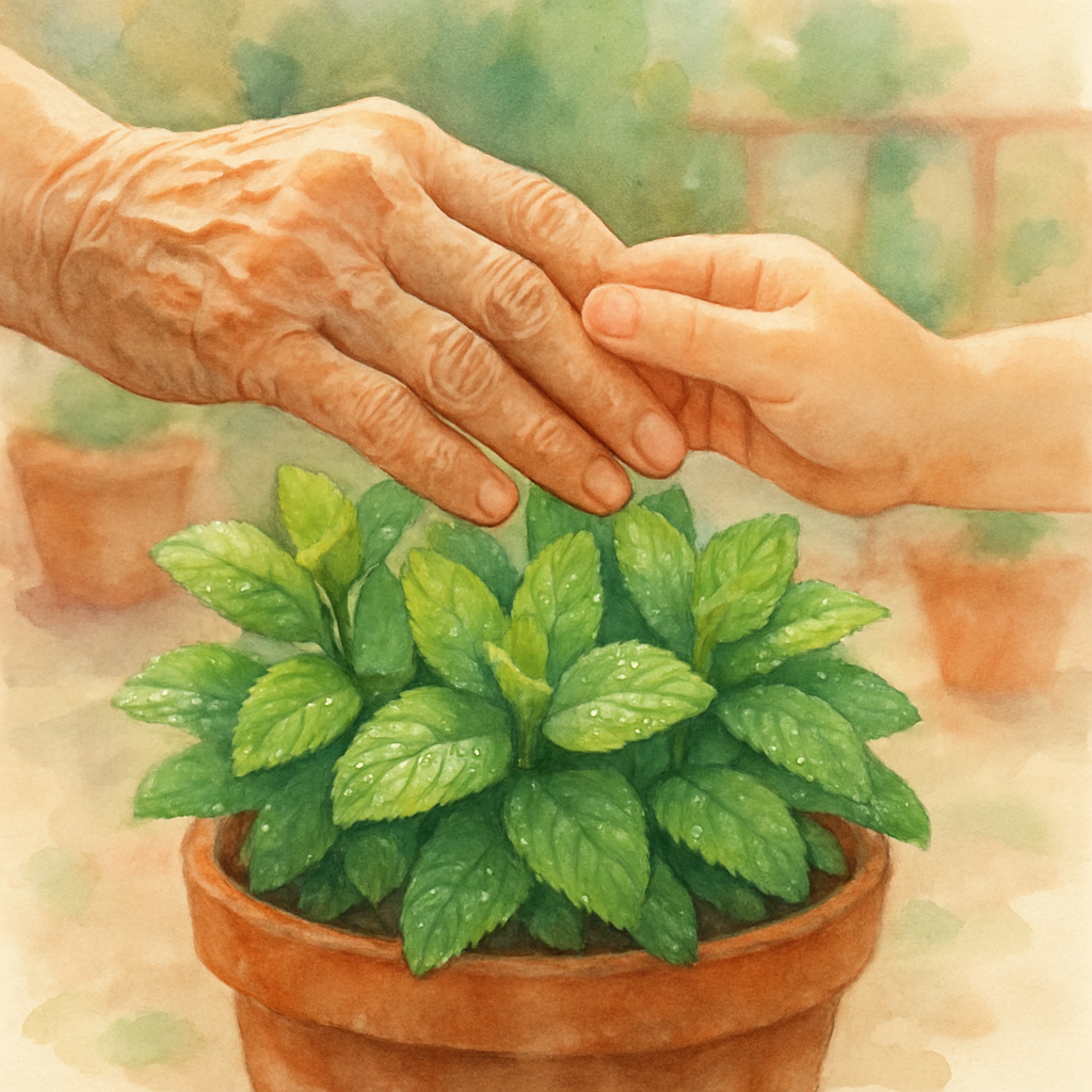 Close-up of Teta's wrinkled hand and the child's smaller hand together, just above a clay pot bursting with fresh mint leaves. The leaves are vivid green, with tiny droplets of water on them. Soft mor