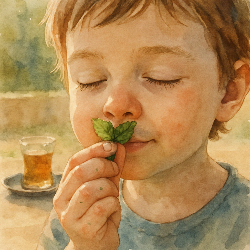 A close-up watercolor of the child's face, eyes closed in gentle delight, holding a small crushed mint leaf right under their nose. A few specks of green on their fingertips. Soft sunlight catches the