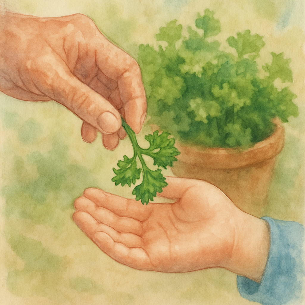 Teta's hand carefully placing a sprig of curly parsley into a child's open palm. Both hands are framed against the background of a clay pot full of bright green parsley. The child's fingers are slight