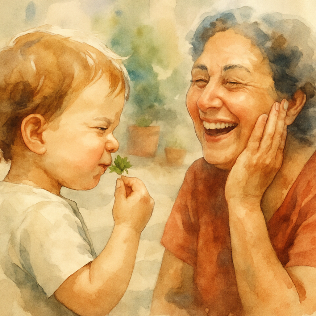 The child's face in profile, scrunched in a curious half-smile as they taste a small piece of parsley. Teta stands beside them, laughing warmly, one hand on her own cheek. The terrace and a few pots b