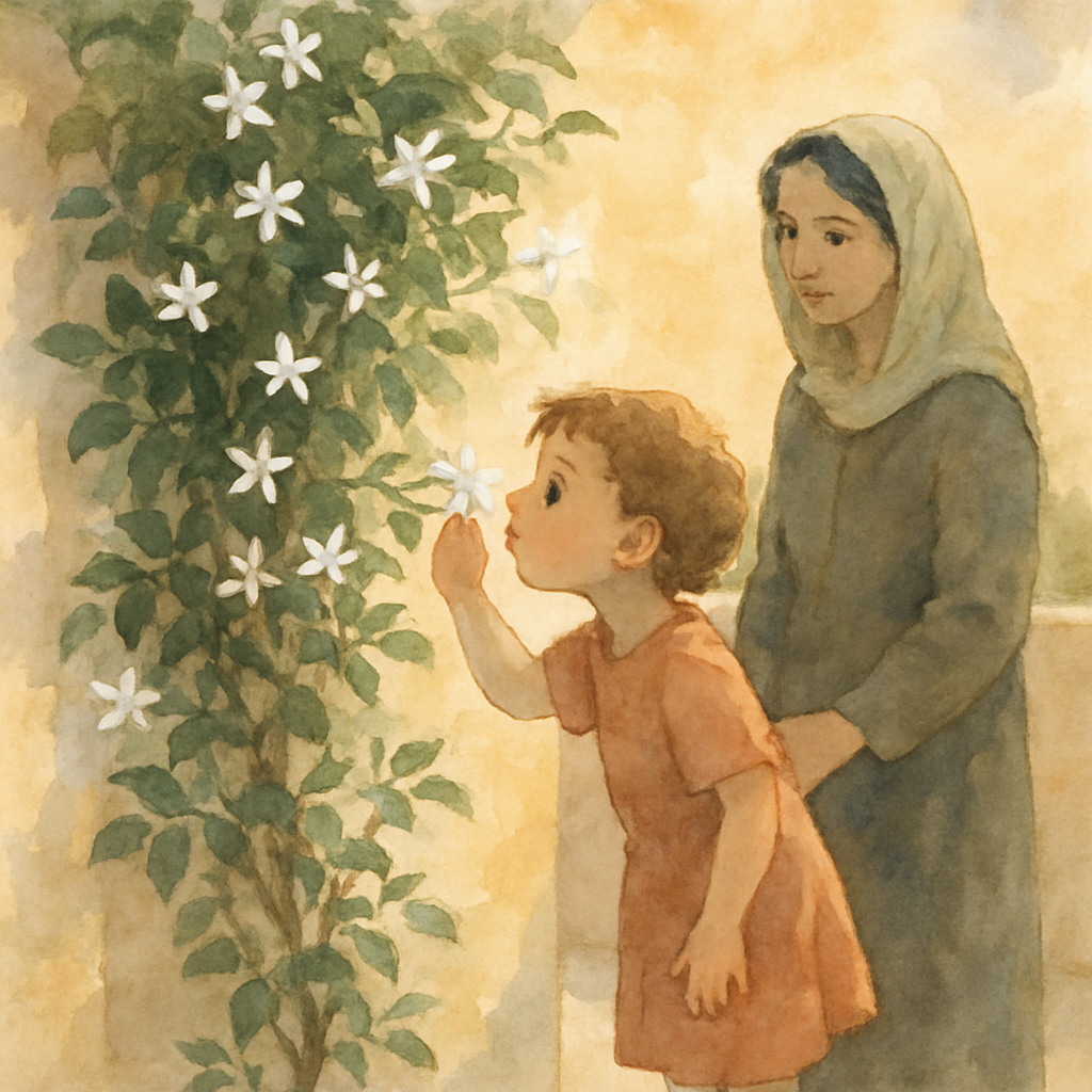 A jasmine vine climbing up a pale stone wall on the terrace, dotted with delicate white star-shaped flowers and dark green leaves. The child stands on tiptoe, leaning close to one of the flowers, eyes