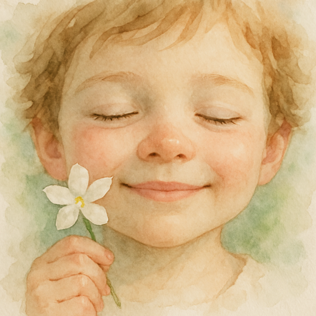 A close-up watercolor of the child's face, eyes closed, with a single jasmine blossom near their cheek. A soft expression of pure happiness. The background dissolves into a wash of pale white-and-gree
