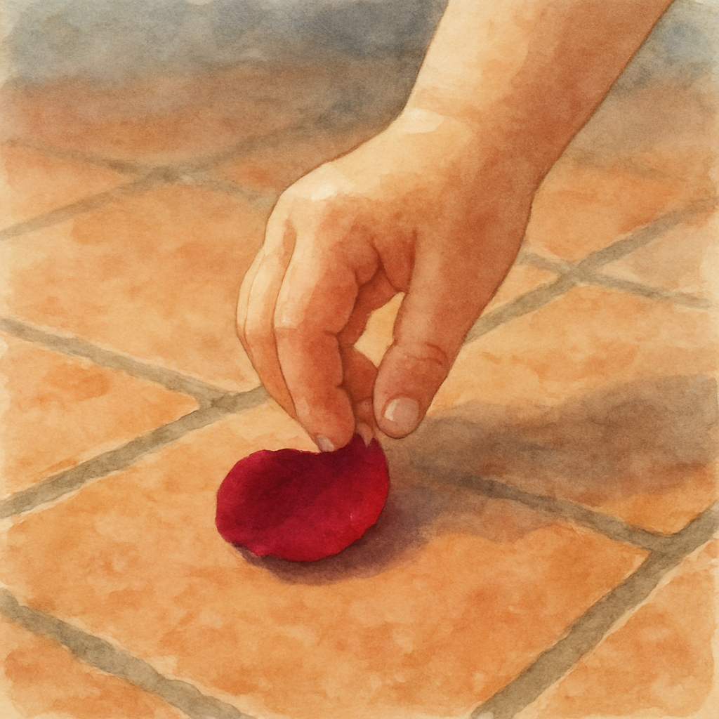 A close-up of the terrace floor — terracotta tiles — with a single deep-red rose petal lying alone. A small child's hand reaches down to pick it up with great care, fingertips barely touching it. The 