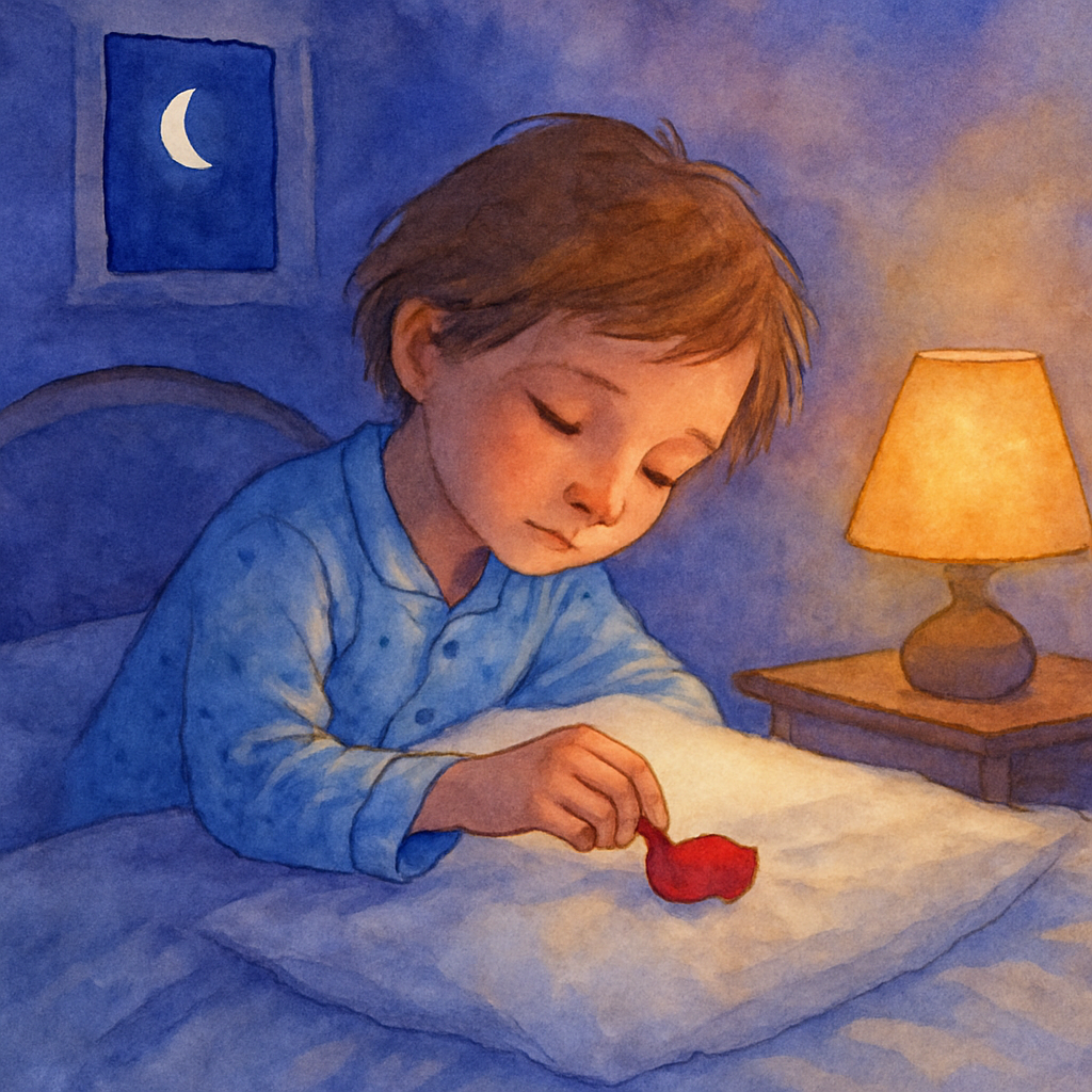 A small bedroom at night — soft blue-purple shadows, a single warm bedside lamp glowing. The child is in pajamas, leaning over their pillow, gently placing the red rose petal on the white pillowcase. 