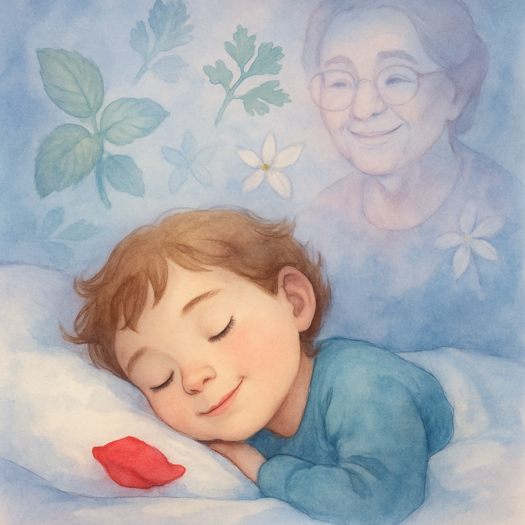 The child asleep, cheek resting beside the red rose petal on the white pillow. A peaceful, slightly smiling face. Around them, very softly painted (almost like a dream), the ghostly outlines of mint l