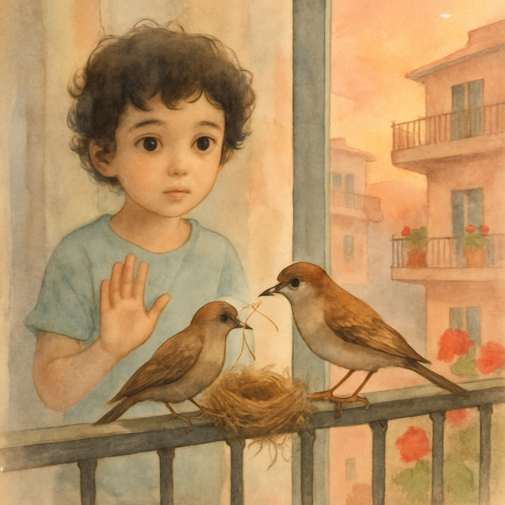 A soft watercolor of a child around 8 years old with dark curly hair, standing very still behind the glass of a balcony door in a Levantine apartment. On the balcony railing, a small brown sparrow is 