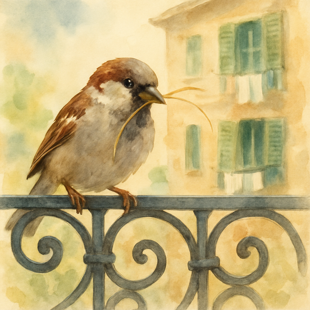 A close-up watercolor of a small brown-and-grey sparrow perched on a wrought-iron Levantine balcony railing, a thin piece of dry yellow grass held carefully in its beak. The bird's head is tilted, as 
