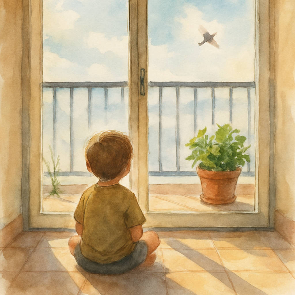 View from inside an apartment looking through a glass balcony door. The child is sitting cross-legged on the tile floor, very still, watching. On the balcony outside, a single piece of grass rests in 