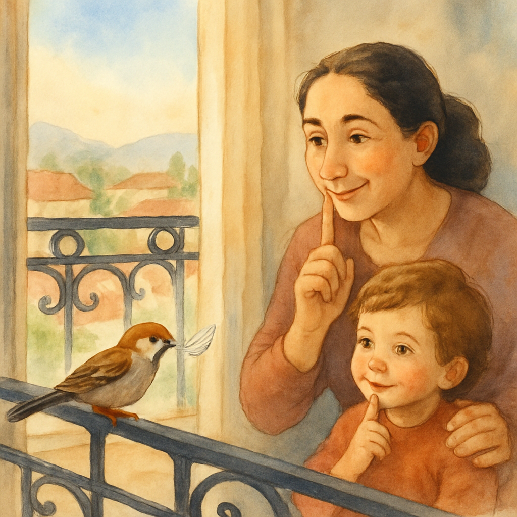 The same balcony view, but now the small sparrow is returning with a tiny soft white feather in its beak. Inside the apartment, the child's mother — a warm-faced Levantine woman with her hair tied bac
