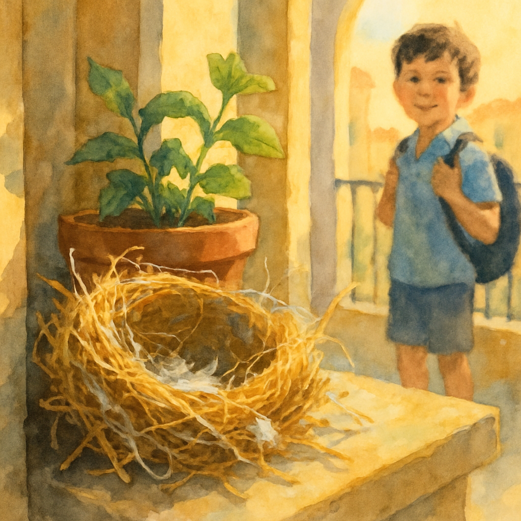 Close-up watercolor of a half-finished bird's nest in the corner of a Levantine balcony — woven from dry yellow grass, bits of cotton thread, and tiny white feathers. The nest sits tucked beside the c