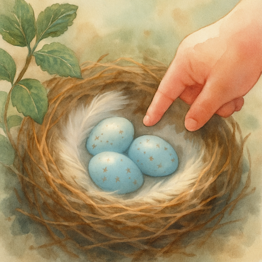 A very tender close-up watercolor: looking down into the small finished nest, three pale-blue speckled eggs nestled inside, tucked against the white feathers. A child's hand hovers nearby — not touchi