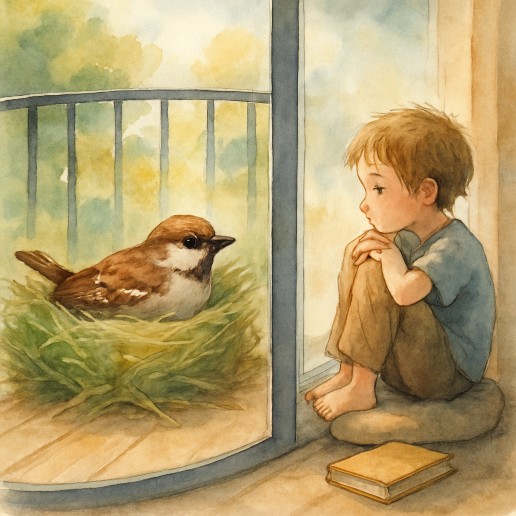 A split view in one watercolor frame: outside on the balcony, the mother sparrow is settled snugly onto the nest, only her head and tail visible above the grass walls. Inside, behind the glass door, t