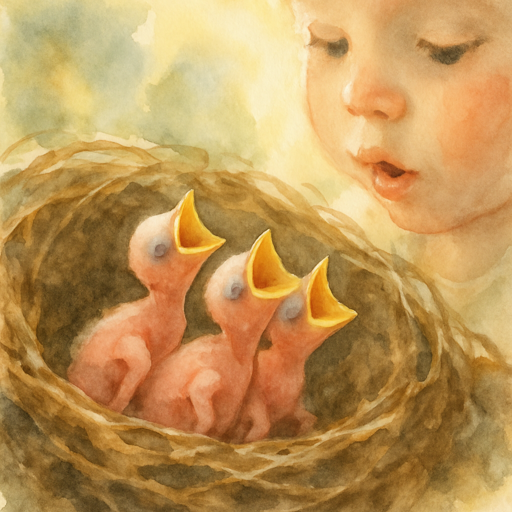 A close-up watercolor of three tiny newborn baby birds in the nest — pink, featherless, eyes still closed, mouths open in three small yellow triangles, waiting to be fed. They look fragile and impossi