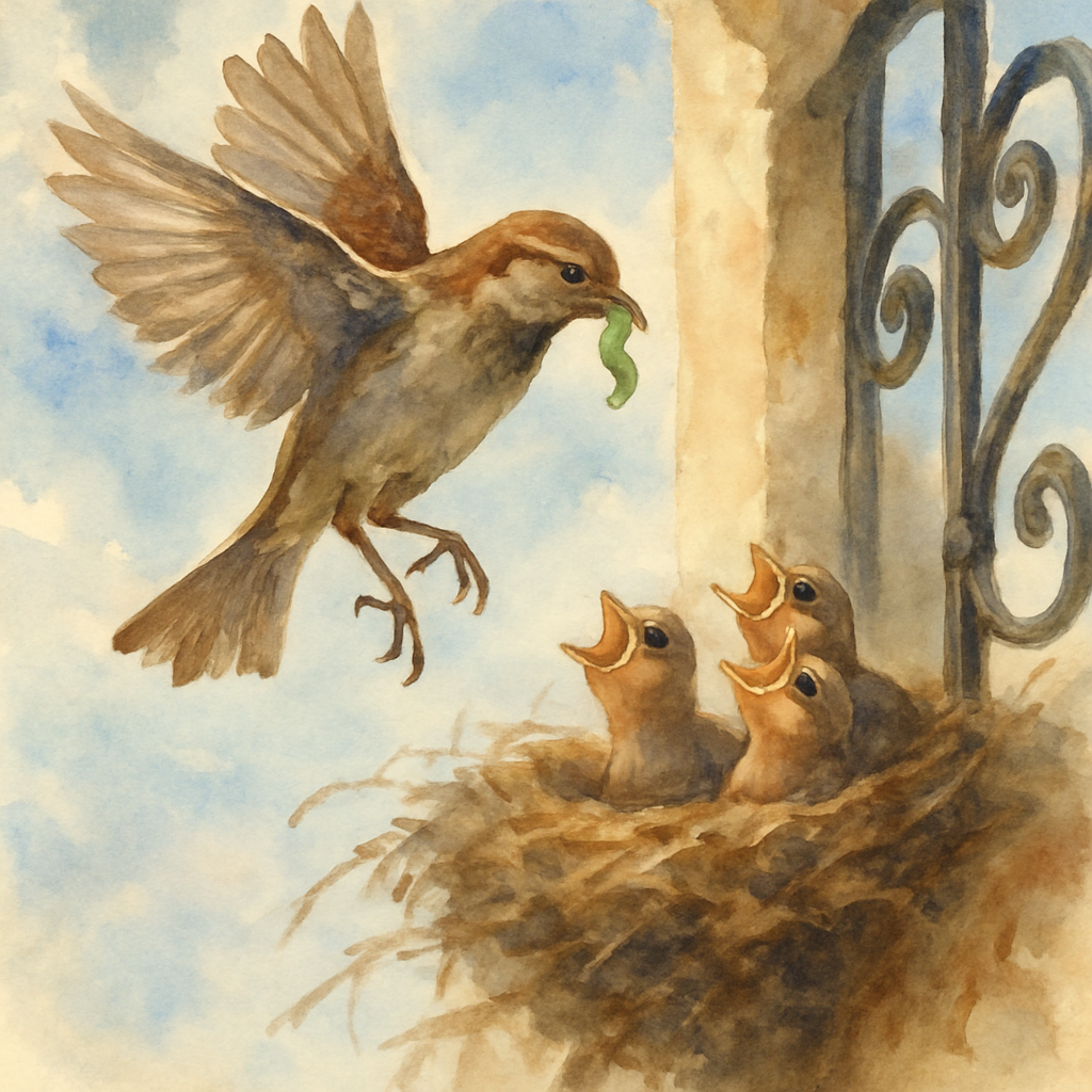 A watercolor showing the mother sparrow in mid-flight returning to the nest with a small green caterpillar in her beak. Below her, three little open mouths reach up from the nest. The balcony's wrough