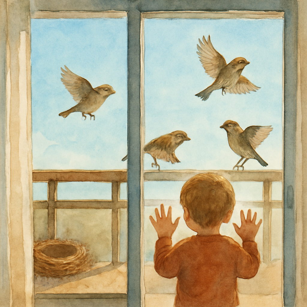 A wide watercolor view of the balcony from inside the apartment. Three small young sparrows are taking off — one mid-leap from the railing, one already in the air, one still perched but spreading its 