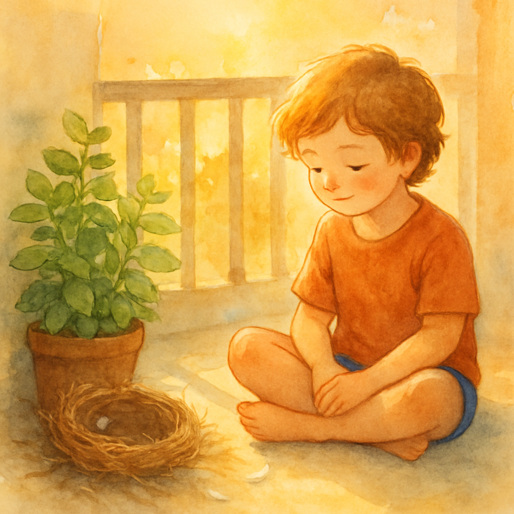The child now sitting on the balcony floor itself for the first time in the story, knees crossed, looking gently at the empty nest in the corner. A few small downy feathers still cling to the grass wa