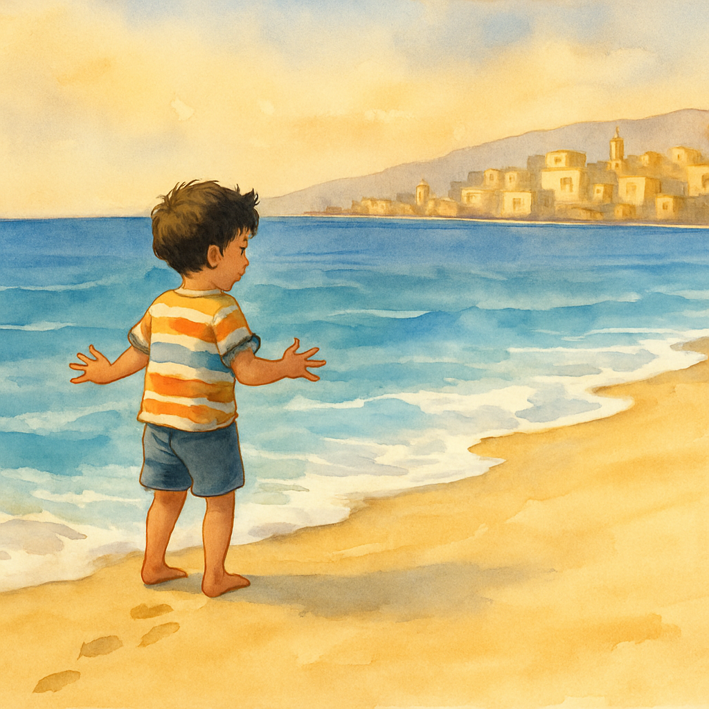 A wide watercolor scene of a young boy, around 7 years old, with dark wavy hair and a bright striped t-shirt, standing barefoot at the edge of the Mediterranean Sea. His arms are slightly raised in su