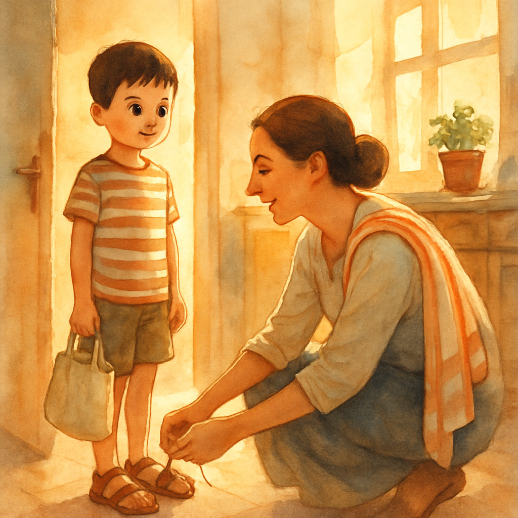 A warm Levantine apartment kitchen in the morning. Sami, a small boy in a striped t-shirt, stands by the door holding a little canvas bag. His mother, a kind-faced woman with her hair tied back, kneel